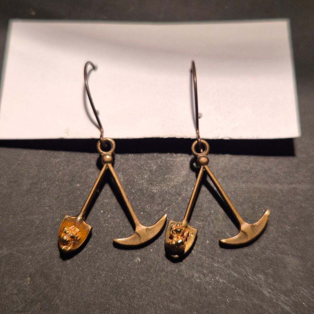 Vintage Alaskan Gold Nugget Pick and Shovel Dangle Earrings Brass Bronze